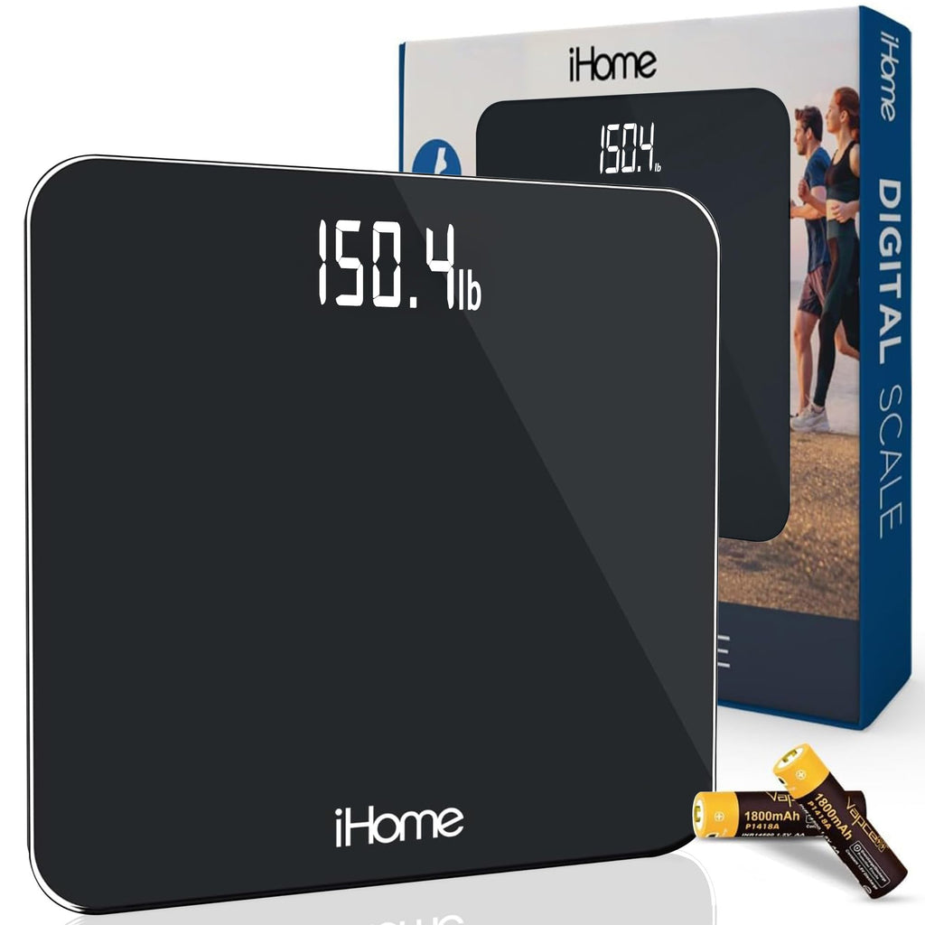 iHome Digital Bluetooth Smart Scale for Body Weight, Weight Scale, Including BMI, Body Fat, Muscle Mass, Batteries Included (Black Smart Bluetooth)
