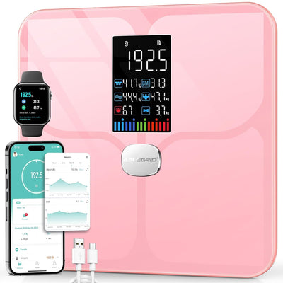 ABLEGRID Body Fat Scale,Digital Smart Bathroom Scale for Body Weight, Large Color Display Screen, 16 Body Composition Metrics BMI, Water Weigh, Heart Rate, Baby Mode, 400lb, Rechargeable