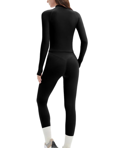 SUUKSESS Workout Sets for Women 2 Piece Seamless Long Sleeve Yoga Outfits Active Leggings Half Zippy Jacket Gym Set