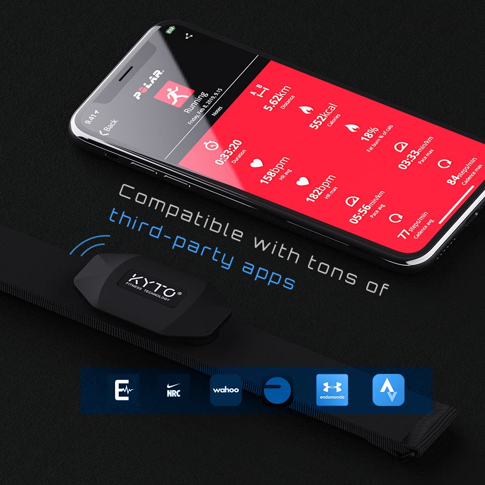 KYTO Heart Rate Monitor Chest Strap, ANT+/ Bluetooth, Compatible with iOS/Android APPs, Cycling/Yoga/Basketball/Running/Fitness Exercise/Boxing