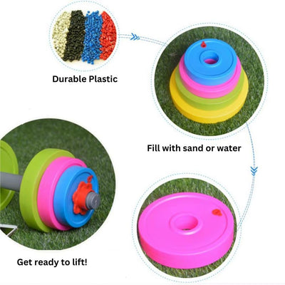 Kids Workout Dumbbell Weights Set - Toddler Toy Gym Equipment for Pretend Play Lifting, Exercise & Fitness - Adjustable Fill with Sand or Water