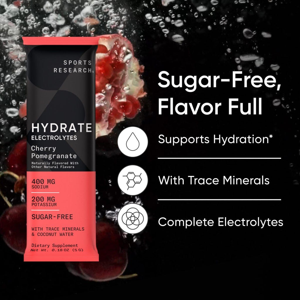 Sports Research® Hydrate Electrolytes Powder - Sugar-Free & Naturally Flavored with Vitamins, Minerals, and Coconut Water - Supports Hydration - Raspberry Lemonade - 90 Servings