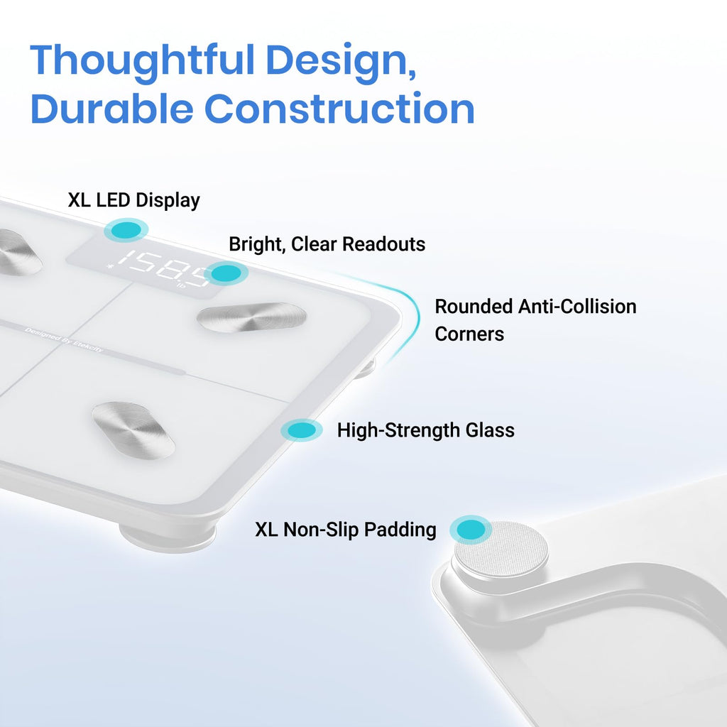Etekcity Smart Rechargeable Scale for Body Weight, BMI, Fat, Muscle Mass, FSA&HSA Eligible, Digital Bathroom Scale with 13 Metrics, Secret Mode, Bluetooth Connect to Free Apps, Rainbow White