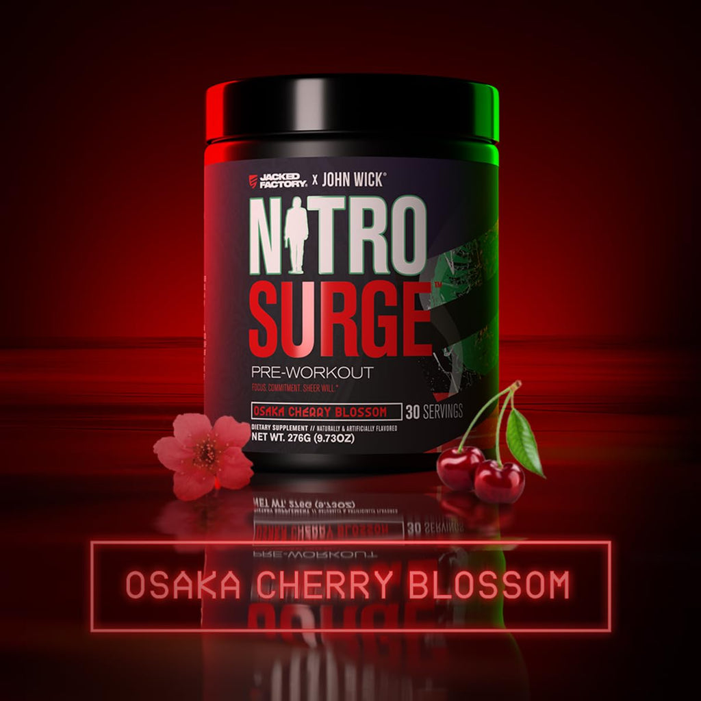 Jacked Factory NITROSURGE Pre Workout Supplement - Endless Energy, Instant Strength Gains, Clear Focus, Intense Pumps - NO Booster & Preworkout Powder with Beta Alanine - 30 Servings, Cherry Limeade