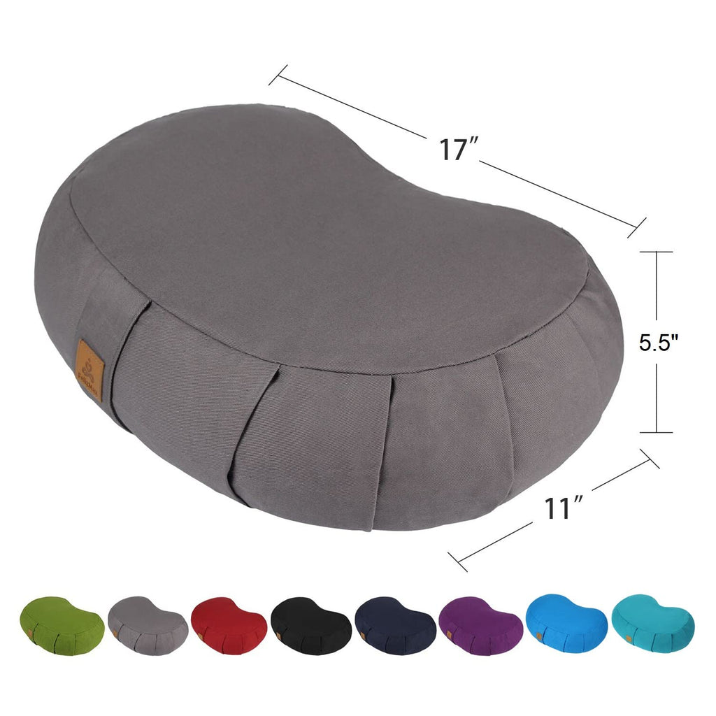 Crescent Zafu Meditation Pillow, D=17" W=11" H=5.5" Zabuton Yoga Bolster, Meditation Cushion, Floor Pouf Yoga Pillow Zippered Organic Cotton Cover Natural Buckwheat kneeling pillow - Large