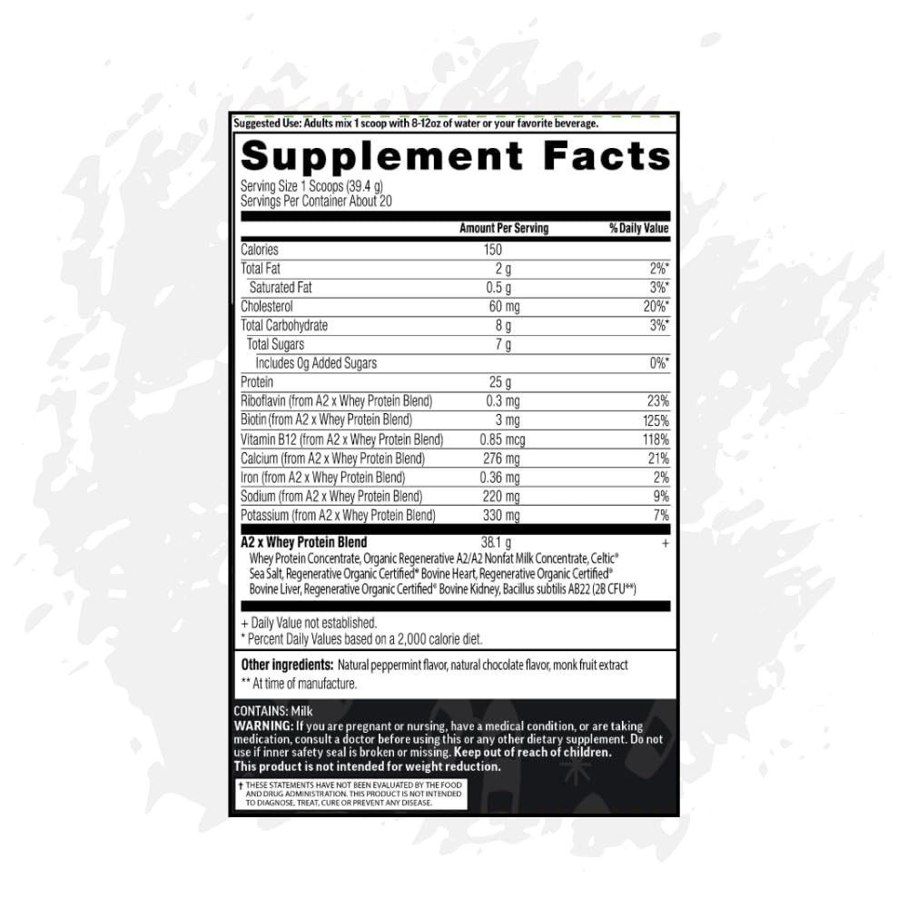 A2 Protein Powder, Peppermint Milkshake, 25 G Protein per Serving, Organic A2/A2 Whey Casein Blend With Probiotics and Celtic Sea Salt, Gluten Free Workout Supplement, Non GMO, 20 Serv, 27.4 Oz