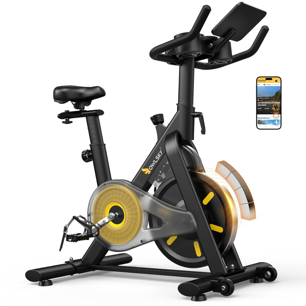 OWLSKY Exercise Bike with APP, Magnetic Resistance Indoor Cycling Bike, 300 lbs Capacity Quiet Stationary Bike for Home Gym Cardio Workout, Adjustable Seat & Tablet Holder