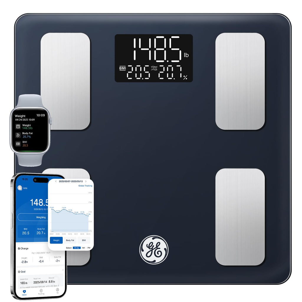 GE Smart Scale for Body Fat, BMI Muscle Mass Digital Bathroom Weight Scales Bluetooth Electronic Body Composition Monitor for People with App Large Display, Accurate 400lb Weighing