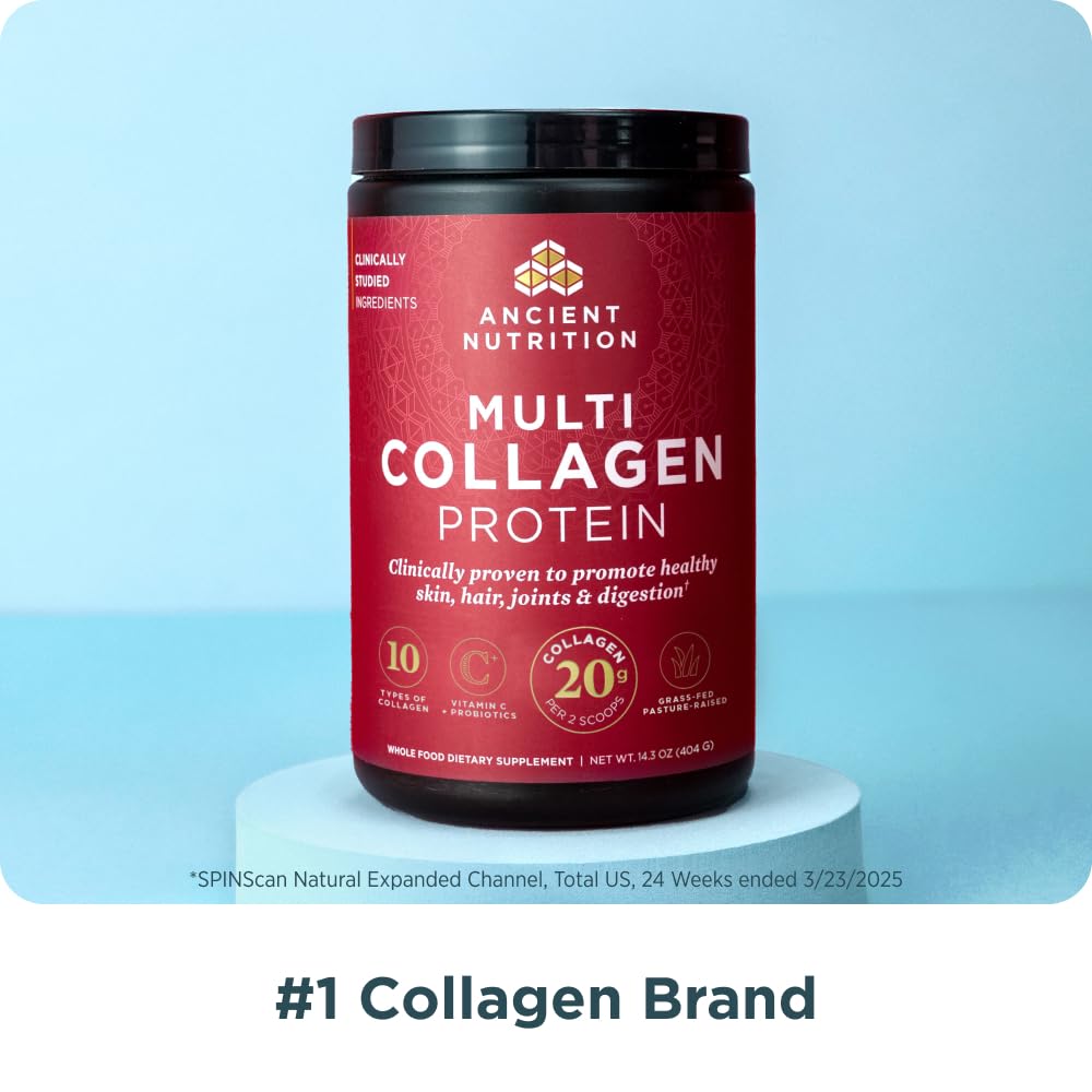 Ancient Nutrition Collagen Powder Protein with Probiotics, Unflavored Multi Collagen Protein with Vitamin C, 45 Servings, Hydrolyzed Collagen Peptides Supports Skin and Nails, Gut Health, 16oz