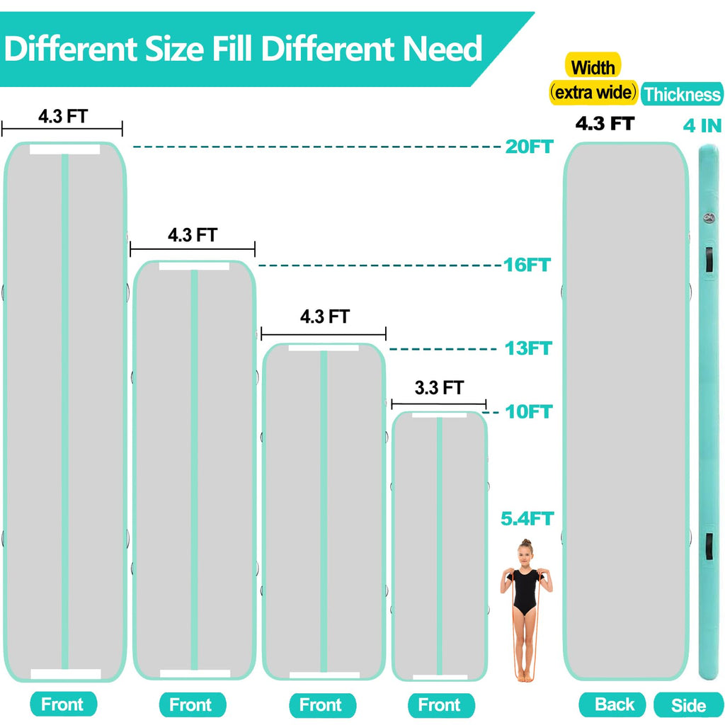 13ft/16ft/20ft Inflatable Air Gymnastics Mat Training Mats 4.3ft Widening 4 inches Thickness Gymnastics Tracks with Electric Air Pump for Home Use/Training/Cheerleading/Yoga/Water