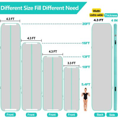 13ft/16ft/20ft Inflatable Air Gymnastics Mat Training Mats 4.3ft Widening 4 inches Thickness Gymnastics Tracks with Electric Air Pump for Home Use/Training/Cheerleading/Yoga/Water