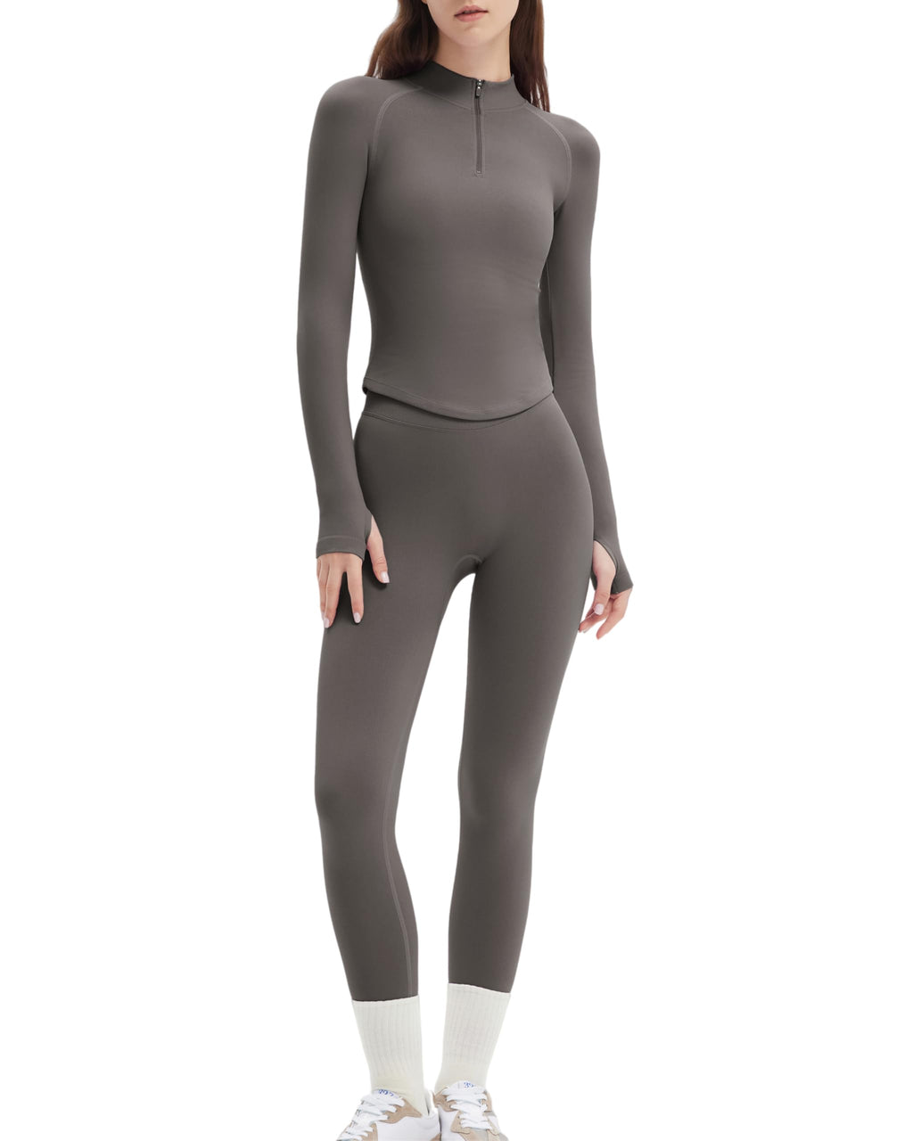 SUUKSESS Workout Sets for Women 2 Piece Seamless Long Sleeve Yoga Outfits Active Leggings Half Zippy Jacket Gym Set