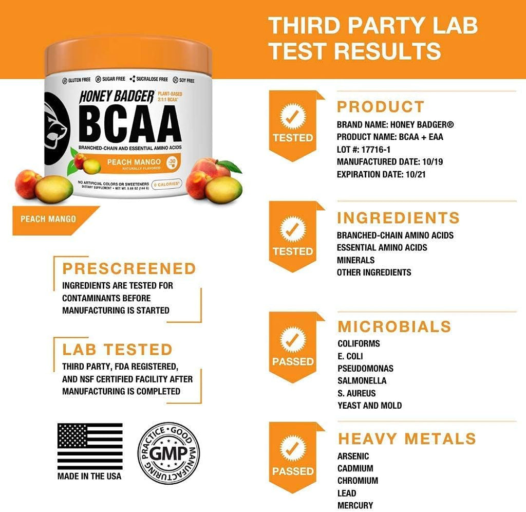 Honey Badger Vegan Keto Pre Workout and BCAA | Peach Mango | Natural Paleo Sugar Free Pump Energy Supplement Nootropics Amino Acids Nitric Oxide Sucralose Free + Non-Habit Forming | 30 Servings