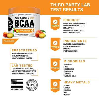 Honey Badger Vegan Keto Pre Workout and BCAA | Peach Mango | Natural Paleo Sugar Free Pump Energy Supplement Nootropics Amino Acids Nitric Oxide Sucralose Free + Non-Habit Forming | 30 Servings