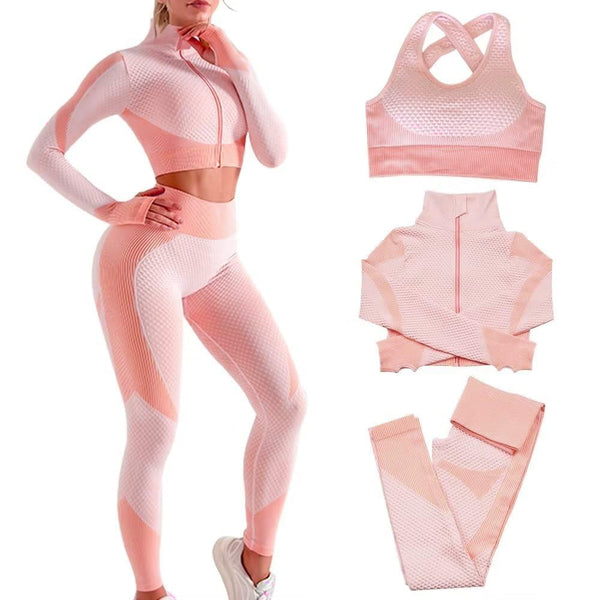 3pcs Seamless Outfit Workout Sets Gym for Women, Fitness Sports School Running Clothes Yoga Sportswear