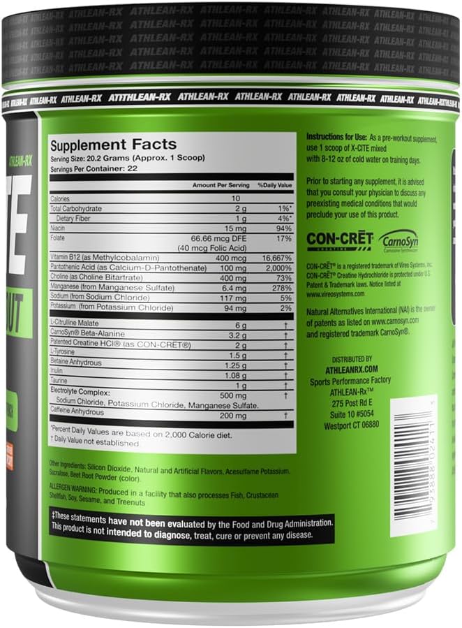 X-CITE Pre-Workout by ATHLEAN-X - Enhanced Formula with Beta-Alanine, Creatine & Caffeine for Ultimate Energy, Endurance, Focus & Muscle Pump, NSF Certified for Sports (22 Servings, Fruit Punch)