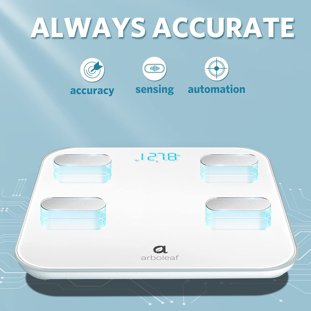 Arboleaf Scale for Body Weight, Smart Scale with BMI, Body Fat, Muscle Mass, 26 Metrics Full Body Composition Analyzer, 8-Electrode High Precision Digital Bathroom Scale, Bluetooth Sync, White