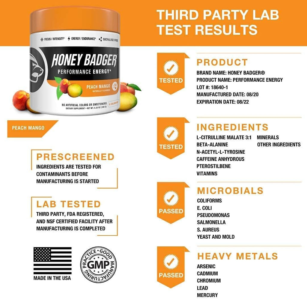 Honey Badger Vegan Keto Pre Workout and BCAA | Peach Mango | Natural Paleo Sugar Free Pump Energy Supplement Nootropics Amino Acids Nitric Oxide Sucralose Free + Non-Habit Forming | 30 Servings