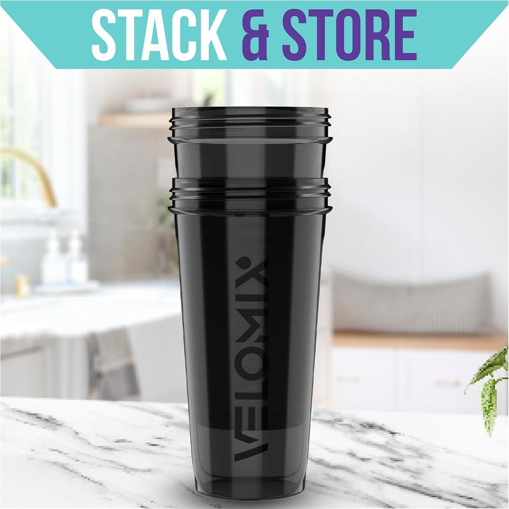 VELOMIX -2 Pack- 28 oz Protein Shaker Bottles for Protein Mixes - 2x Wire Whisk | Leak Proof Shaker Cups for Protein Shakes | Protein Shaker Bottle Pack (Black/Transparent)