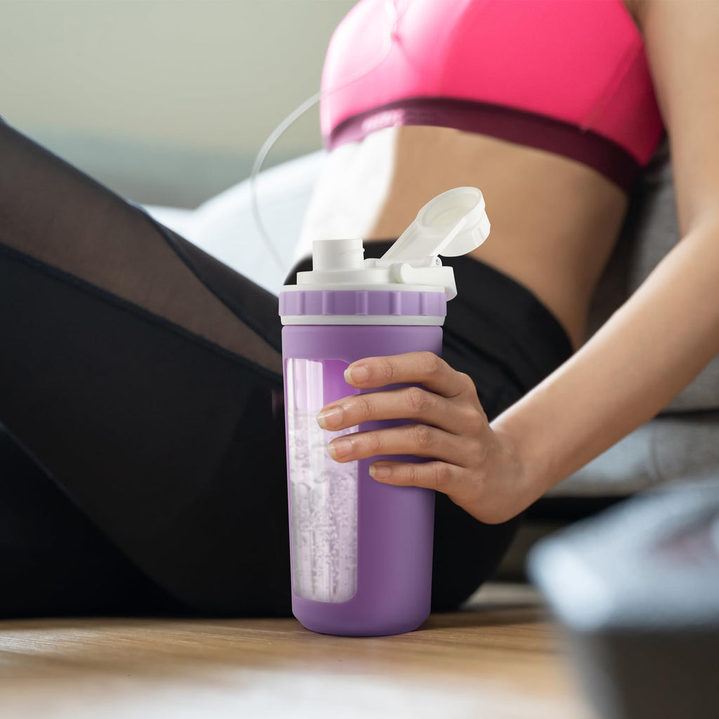 BYLWORKOUT Glass Shaker Bottle Holds upto 28oz | No Blending Ball or Whisk | Removable Plastic Mixer Included | Portable Drink Water Bottle Glass with Silicone Sleeve (White)