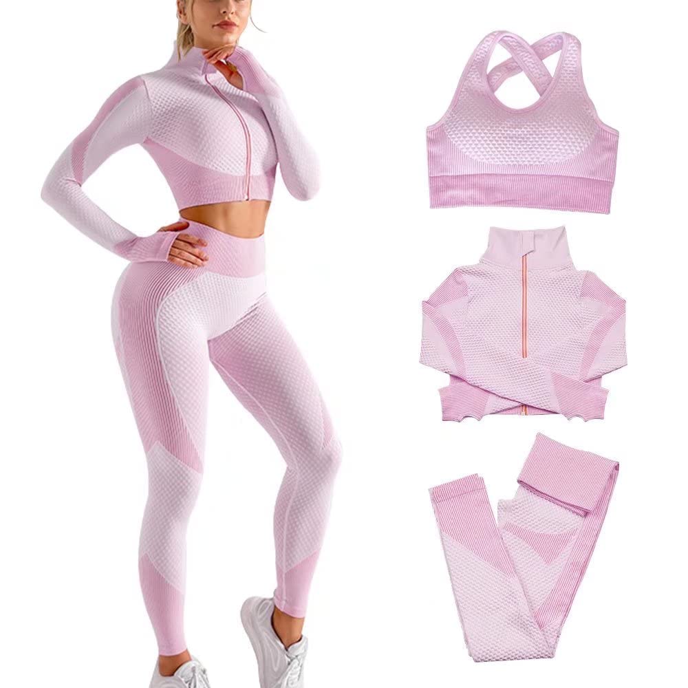 3pcs Seamless Outfit Workout Sets Gym for Women, Fitness Sports School Running Clothes Yoga Sportswear