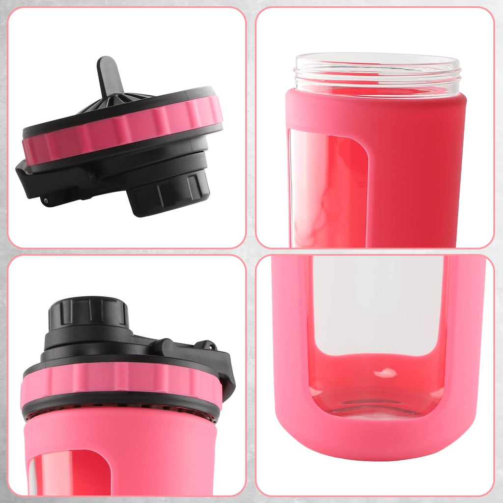 BYLWORKOUT Glass Shaker Bottle Holds upto 28oz | No Blending Ball or Whisk | Removable Plastic Mixer Included | Portable Drink Water Bottle Glass with Silicone Sleeve (White)