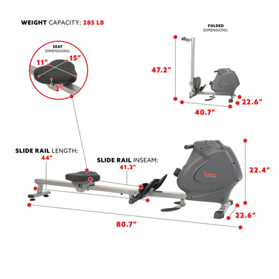Sunny Health & Fitness Multi-Function Premium Magnetic Rowing Machine, Bicep Curls, Upward Rows, Seated Rows, Foldable Slide Rails, Digital Monitor, Optional Free SunnyFit App Connection