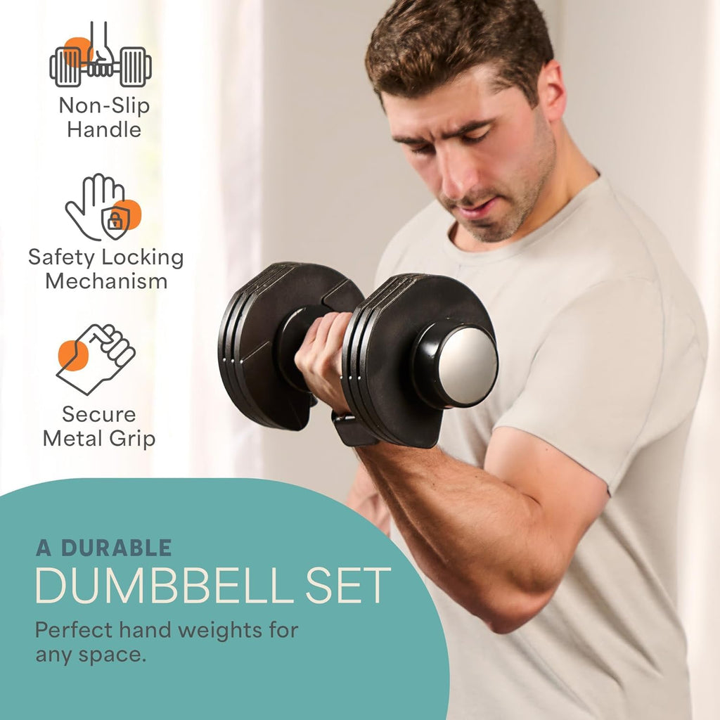 Lifepro Adjustable Dumbbells Set - 5in1-15lb 25lb 43lb 55lb weights Set & Single with Rack - Quick Adjust, Secure Grip - Compact Hand Weights for Men Women Home Gym