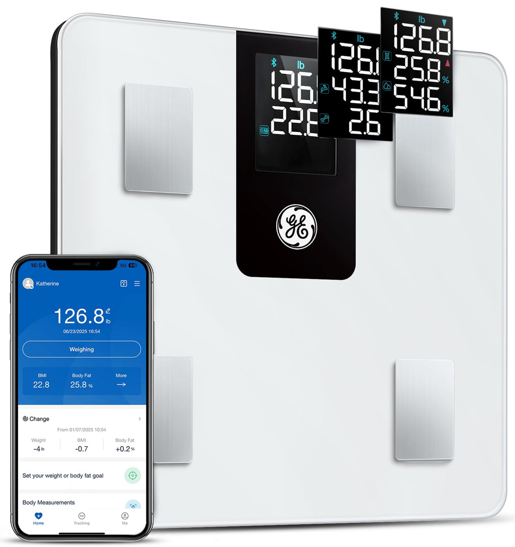 GE Smart Scale for Body Weight BMI Fat Muscle Mass with 14 Body Composition Metrics & All-in-one LCD Display, Digital Bathroom Weight Scales Bluetooth with App, Accurate Weighing Machine 400 lbs