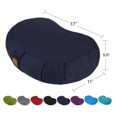 Crescent Zafu Meditation Pillow, D=17" W=11" H=5.5" Zabuton Yoga Bolster, Meditation Cushion, Floor Pouf Yoga Pillow Zippered Organic Cotton Cover Natural Buckwheat kneeling pillow - Large