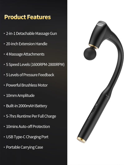 2-in-1 Detachable Percussion Massage Gun with Extension Handle, Back Massager for Pain Relief Deep Tissue Muscle Massager for Arm Shoulder Lower Back Thigh Waist, Gifts for Women , FSA-HSA Eligible