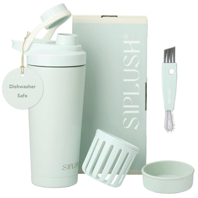 Paradise Shaker Bottle 24 oz, Insulated Stainless Steel Protein Shaker, Dishwasher Safe, with Lid Brush & Protective Boot, Leakproof Twist-Off Chug Cap, Sage Green, Tahoe Mist