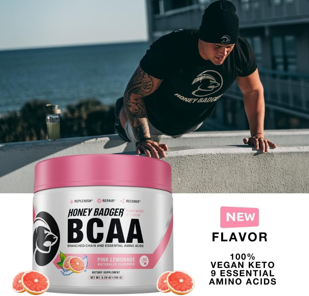 Honey Badger Pre Workout Powder & BCAA Amino Acids Powder Bundle | Beta Alanine, Caffeine & Vitamin C + Electrolytes | Vegan Keto Sugar Free & Paleo for Men & Women | 30 Servings (Pink Lemonade)