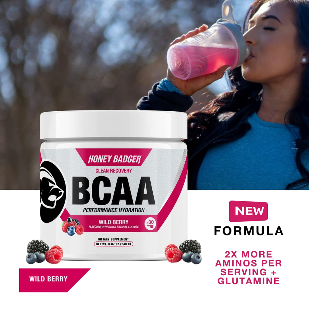 Honey Badger BCAA + EAA Amino Acids Powder, BCAAs + L-Glutamine, Keto, Vegan, Sugar Free for Men & Women, Hydration & Post Workout Muscle Recovery Drink Mix, Pink Lemonade, 30 Servings