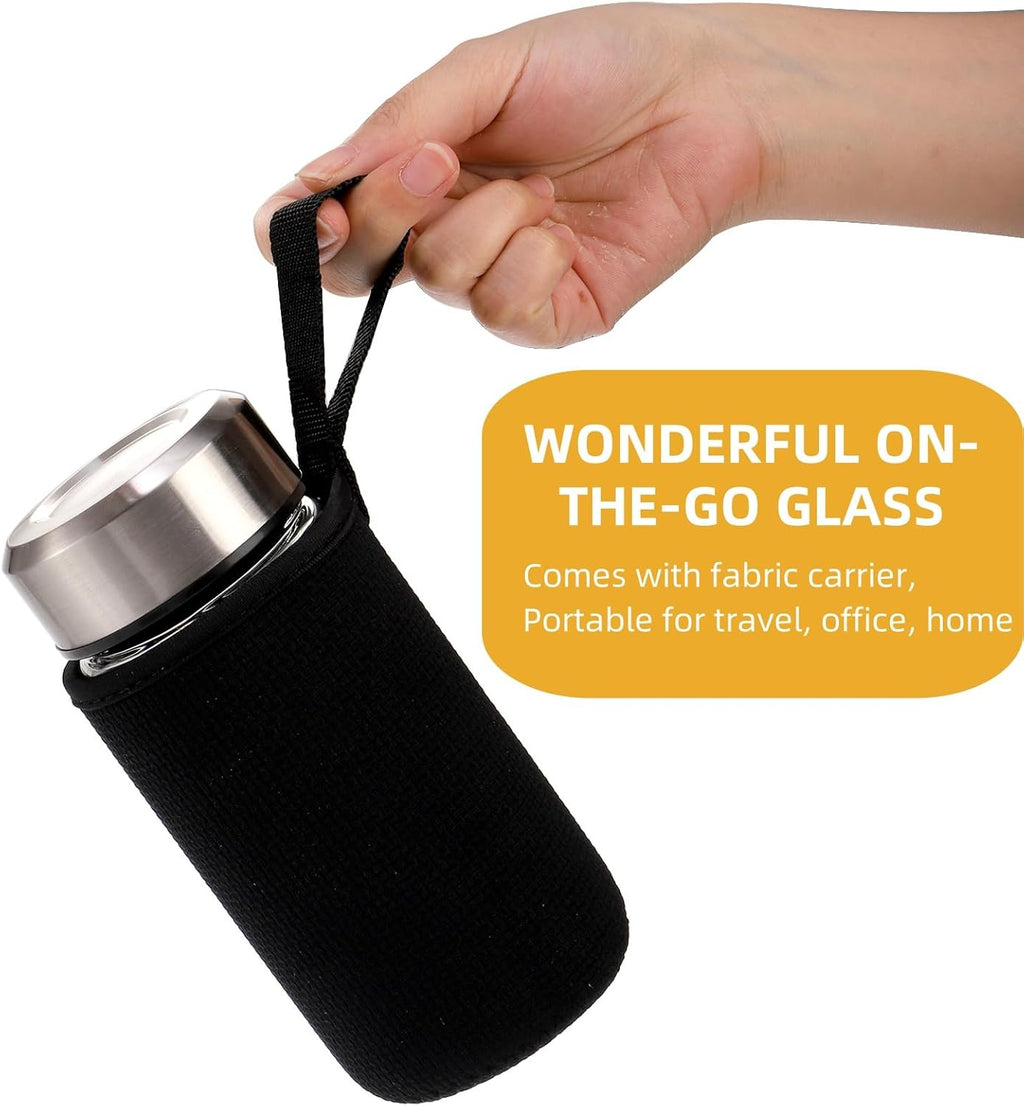 2 Pack Glass Bottles with Lids, 12 Oz Wide Mouth Shaker Bottle with Sleeve, Leakproof Glass Mixing Sports Drinking Bottles for Protein Mixs, Juice, Vitamin