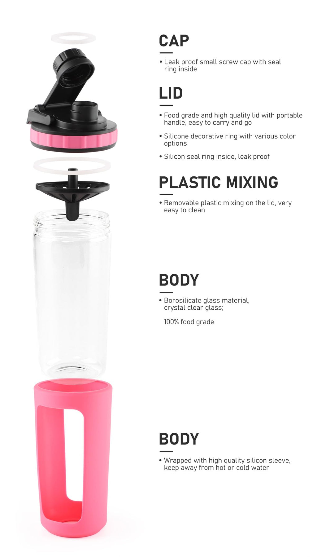 BYLWORKOUT Glass Shaker Bottle Holds upto 28oz | No Blending Ball or Whisk | Removable Plastic Mixer Included | Portable Drink Water Bottle Glass with Silicone Sleeve (White)