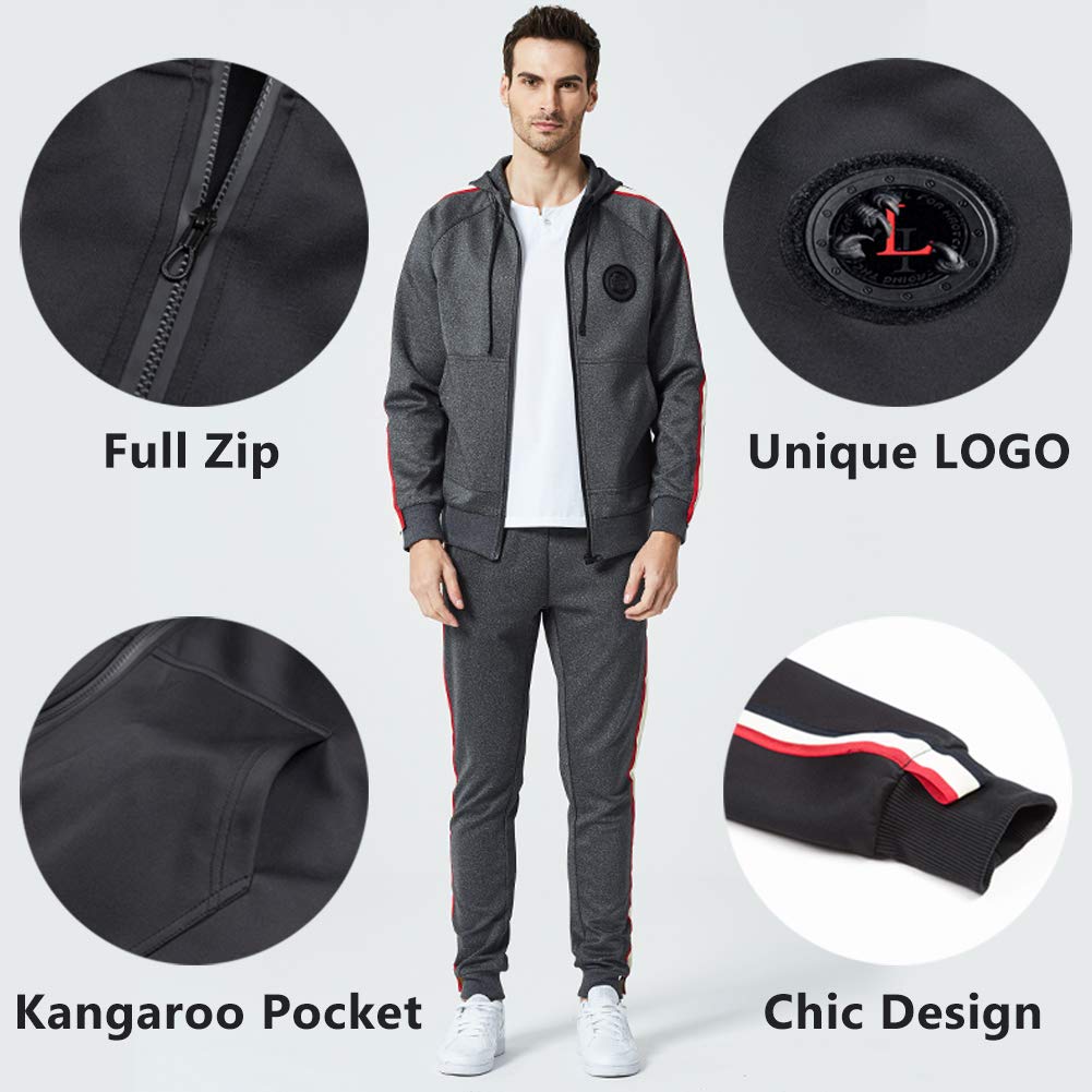 DUOFIER Men's Hooded Athletic Tracksuit Casual Full Zip Jogging Sweatsuits