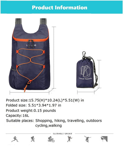 16L Lightweight Foldable Hiking-Backpack Small Packable-Daypack For Travel,Ultralight Water-Resistant Gym Bag Men Women Easy Carry-on (Royal Blue)