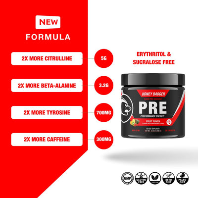 Honey Badger Pre Workout Powder, Keto Vegan Preworkout for Men & Women, Beta Alanine & Caffeine, Sugar Free Natural Energy Supplement, Wild Berry, 30 Servings