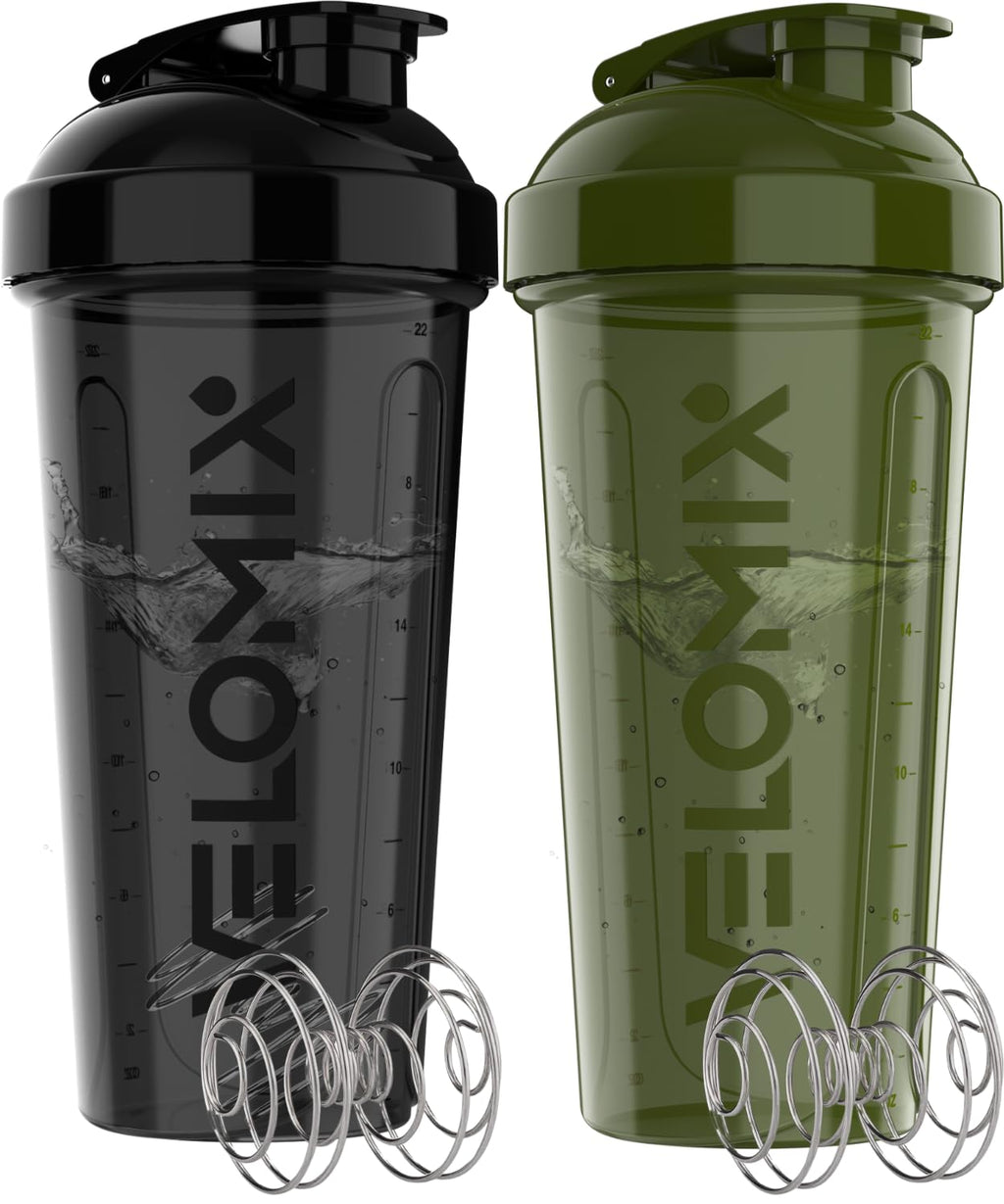VELOMIX -2 Pack- 28 oz Protein Shaker Bottles for Protein Mixes - 2x Wire Whisk | Leak Proof Shaker Cups for Protein Shakes | Protein Shaker Bottle Pack (Black/Transparent)