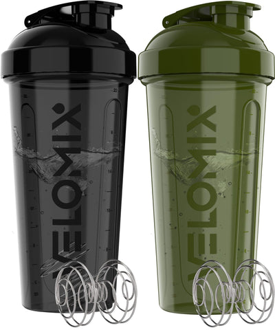 VELOMIX -2 Pack- 28 oz Protein Shaker Bottles for Protein Mixes - 2x Wire Whisk | Leak Proof Shaker Cups for Protein Shakes | Protein Shaker Bottle Pack (Black/Transparent)