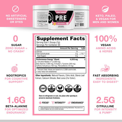 Honey Badger Pre Workout Powder, Keto Vegan Preworkout for Men & Women, Beta Alanine & Caffeine, Sugar Free Natural Energy Supplement, Wild Berry, 30 Servings