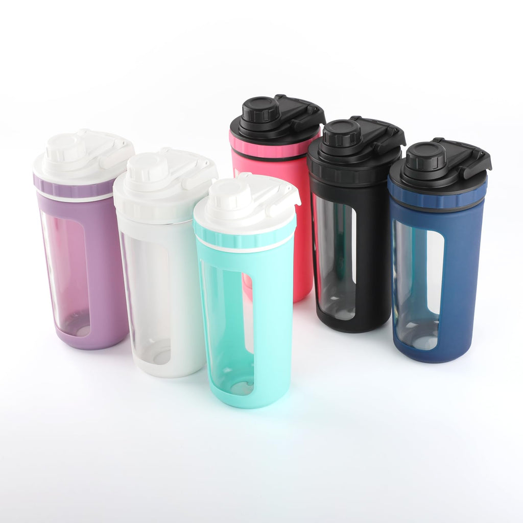 BYLWORKOUT Glass Shaker Bottle Holds upto 28oz | No Blending Ball or Whisk | Removable Plastic Mixer Included | Portable Drink Water Bottle Glass with Silicone Sleeve (White)