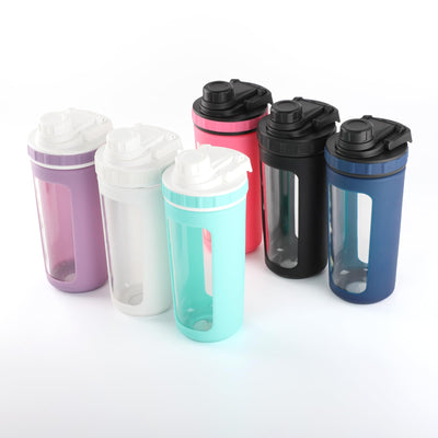 BYLWORKOUT Glass Shaker Bottle Holds upto 28oz | No Blending Ball or Whisk | Removable Plastic Mixer Included | Portable Drink Water Bottle Glass with Silicone Sleeve (White)