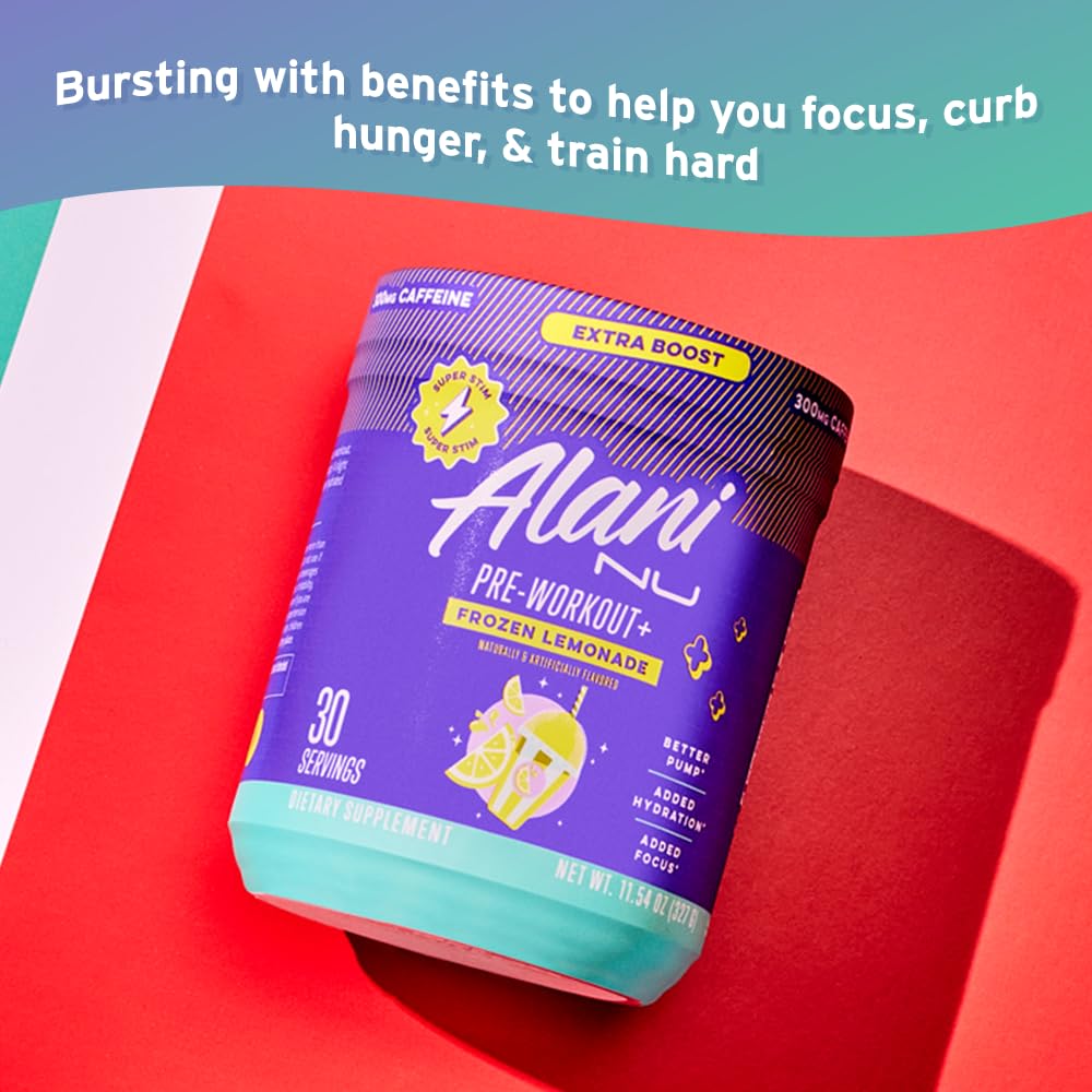 Alani Nu Pre Workout+ Powder Frozen Lemonade, Extra Boost, Sugar Free, 300mg Caffeine, L-Theanine, Beta-Alanine, Citrulline, 30 Servings