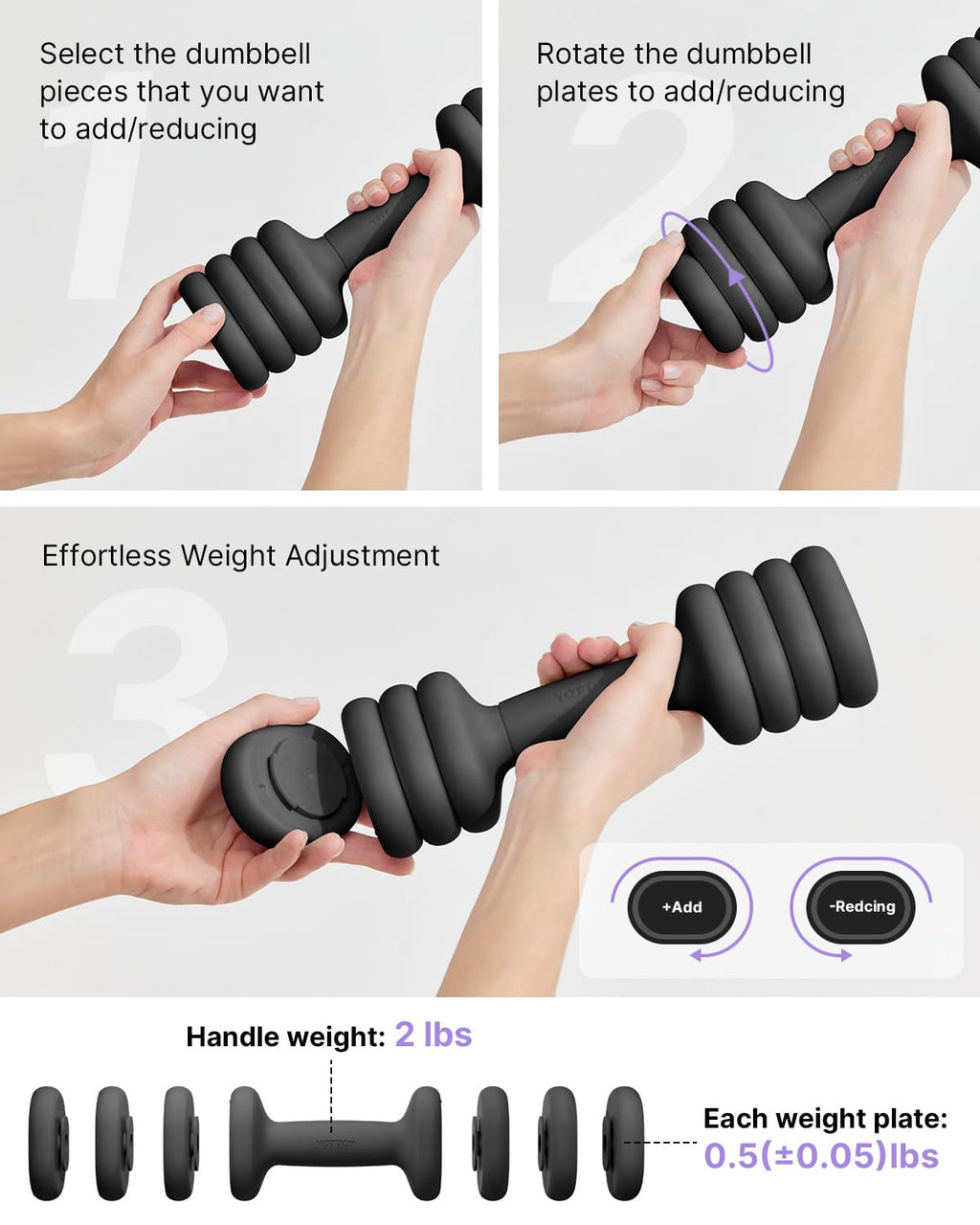 YOTTOY Adjustable Dumbbell Set of 2, 4-in-1 Hand Weights for Women at Home, Compact Free Weights Dumbbells Set with Soft Grip and Base, 2-5 lbs Each for Home Gym