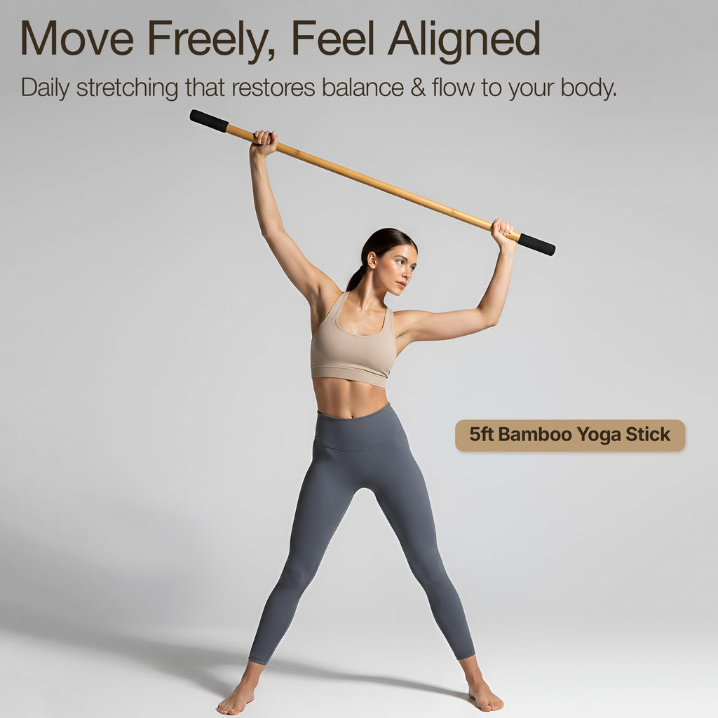 5ft Yoga Stick Made from Natural Bamboo - Stretching Stick for Mobility, Balance, Pilates & Physical Therapy - Exercise Stick with Non-Slip Ends - Includes 20+ Video Tutorials