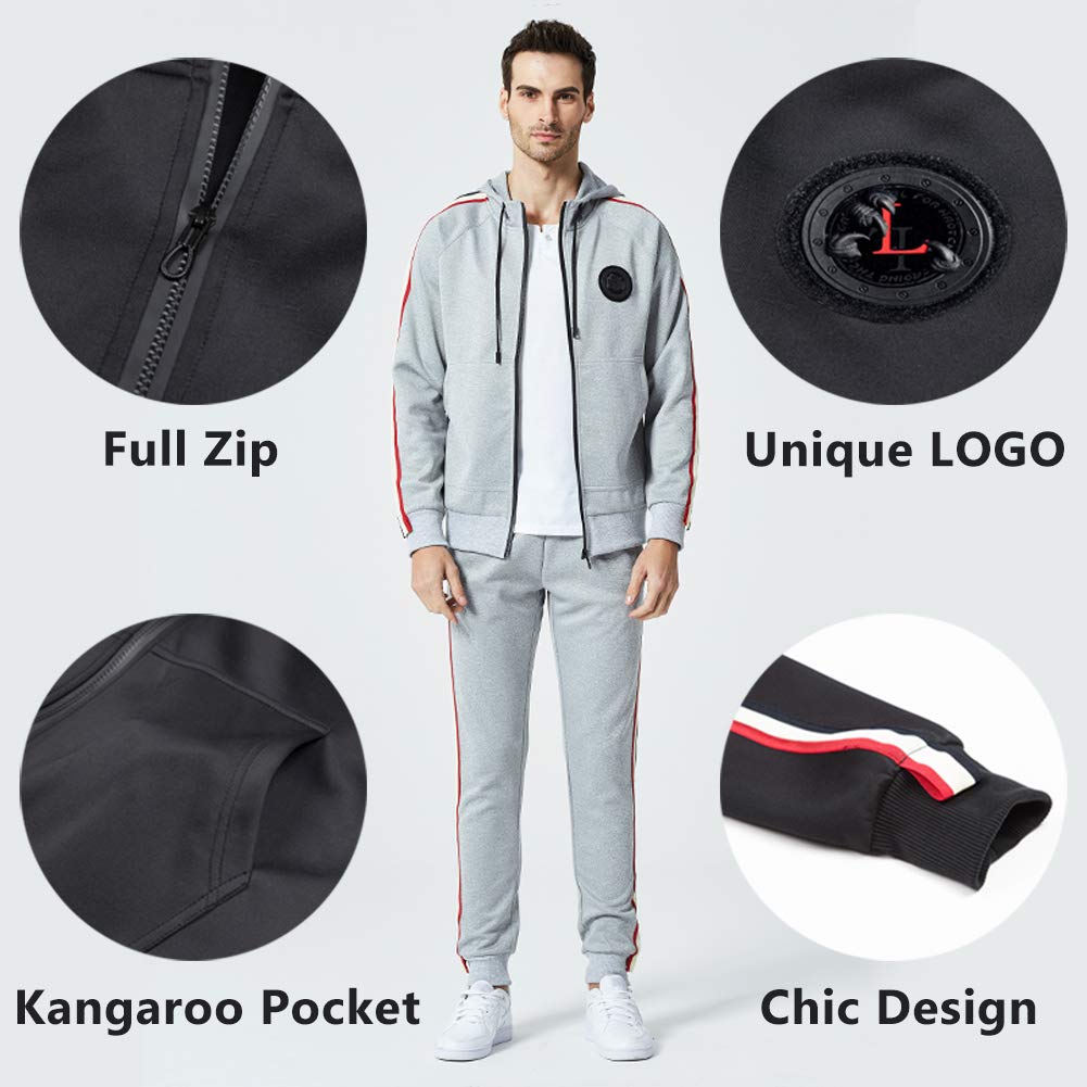 DUOFIER Men's Hooded Athletic Tracksuit Casual Full Zip Jogging Sweatsuits