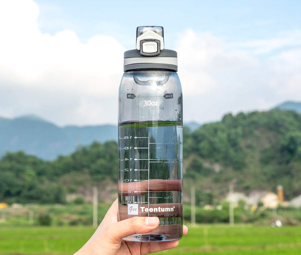 30oz Sport Water Bottle with Time Markers, Large Durable Gym Plastic Bottle Tritan BPA Free for Fitness, Outdoor Enthusiasts, Leakproof Gray (Pack of 1)