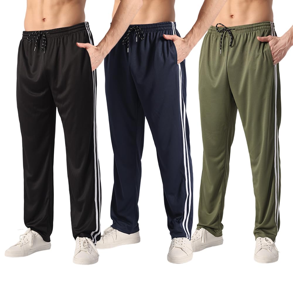 ZH 3 Pack Men's Sweatpants Open Bottom Joggers Lightweight Quick Dry Athletic Pants with Pockets for Workout & Lounge